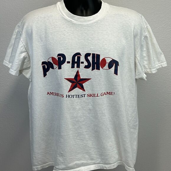 Vintage 80s Pop-A-Shot Basketball Game T Shirt Arcade USA Made White XL X-Large - Picture 2 of 10